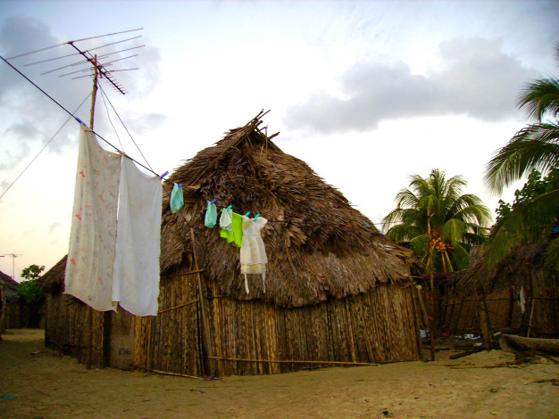 Cabane au toit de chaume avec corde à linge dans un village tropical.