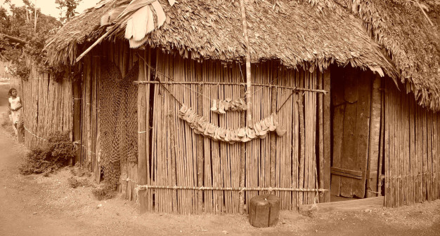 Cabane au toit de chaume et enfant dans une scène de village aux tons sépia.