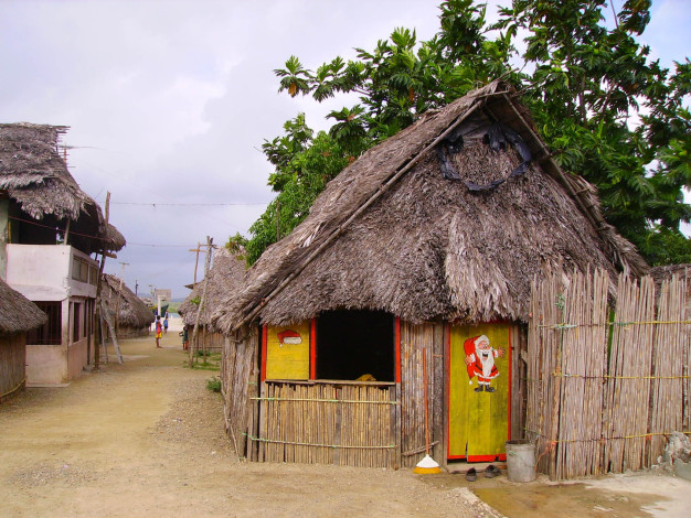 Des huttes au toit de chaume dans la rue d'un village tropical.