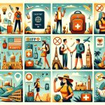 Illustrated travel and safety icons with tourists.