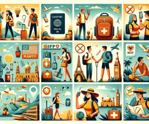 Illustrated travel and safety icons with tourists.