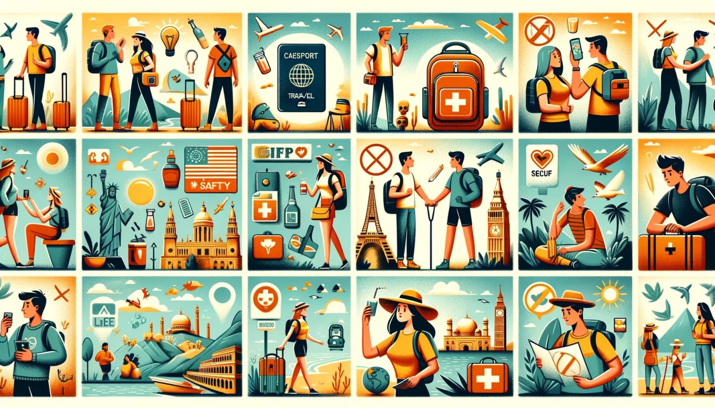 Illustrated travel and safety icons with tourists.