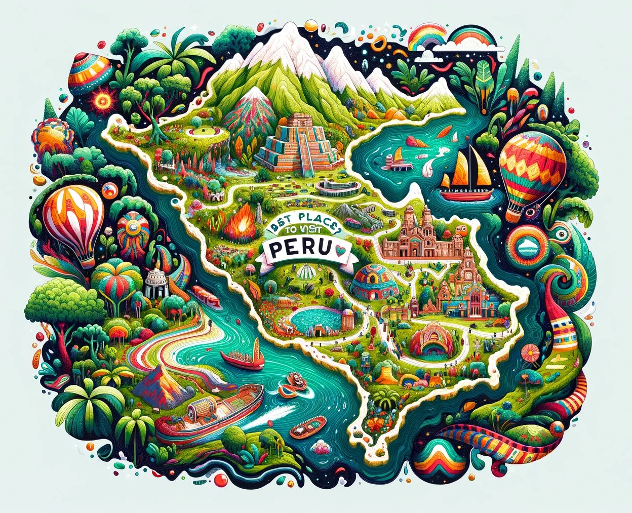 Colorful illustrated map of Peru with landmarks and nature.