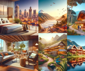 Luxurious interiors and landscapes collage with urban and nature views.