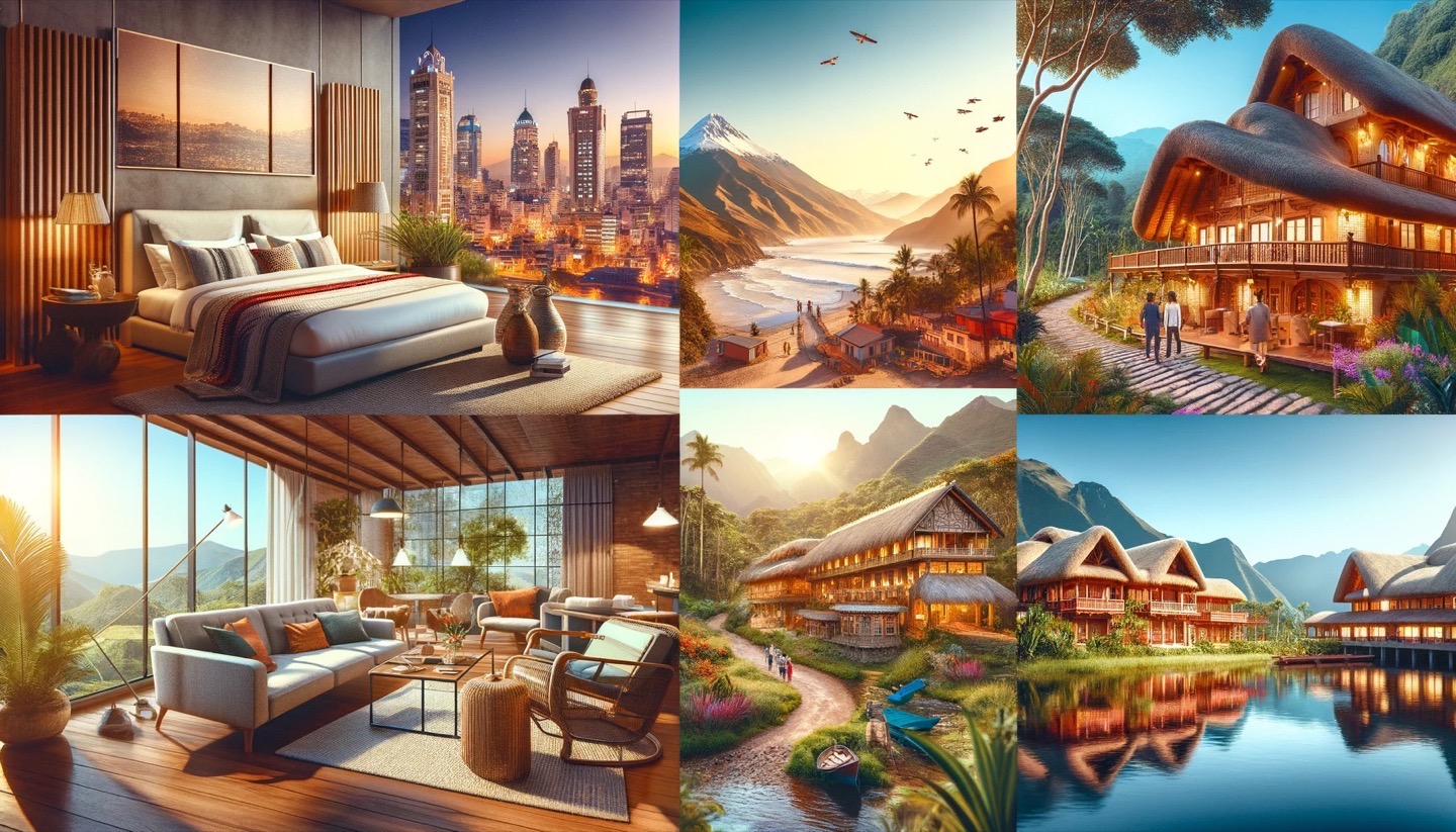 Luxurious interiors and landscapes collage with urban and nature views.