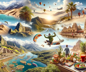 Collage of global travel destinations, activities, and cuisine.