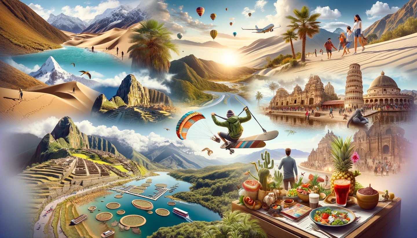 Collage of global travel destinations, activities, and cuisine.