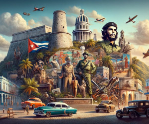 Vibrant Cuban street scene with historical and cultural elements.