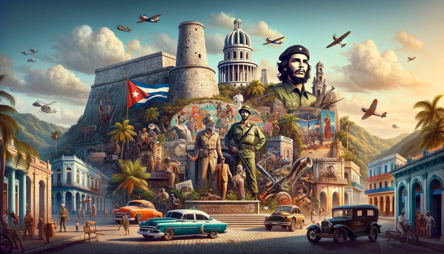 Vibrant Cuban street scene with historical and cultural elements.