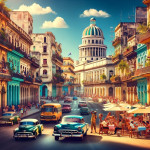 Vintage cars and people on vibrant Havana street.