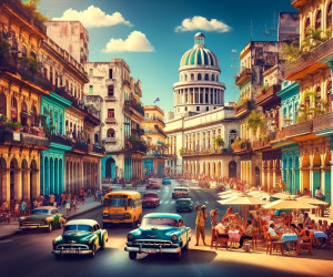 Vintage cars and people on vibrant Havana street.