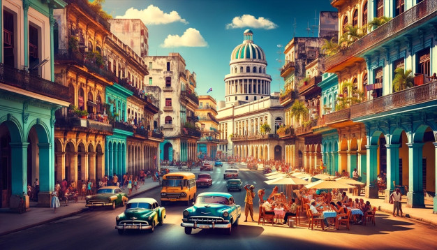Vintage cars and people on vibrant Havana street.