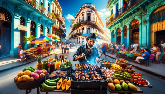 Vibrant street market scene with fresh fruit and grill.