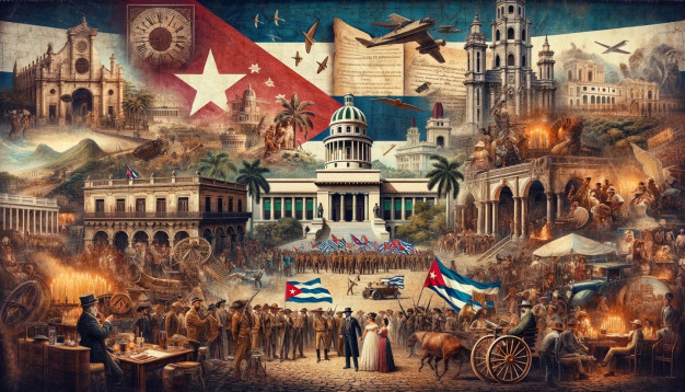 Collage of historical Cuban landmarks and cultural scenes.