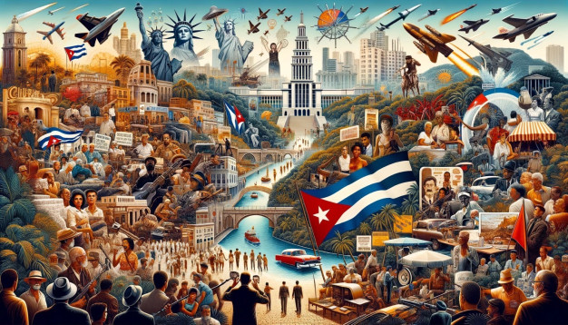Collage of historical and cultural Cuban icons and landmarks.