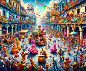 Colorful festival celebration in vibrant street scene.