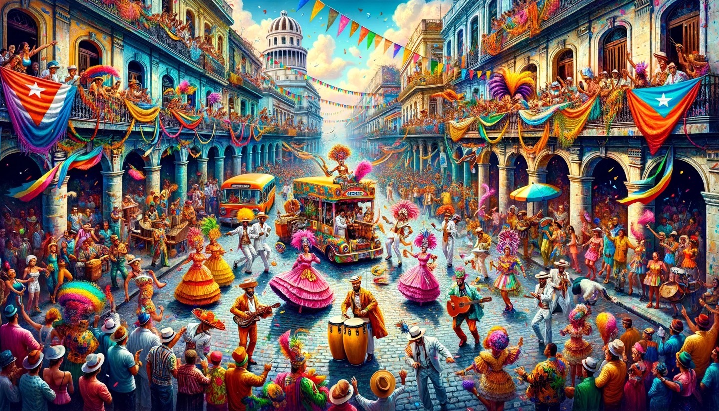 Colorful festival celebration in vibrant street scene.