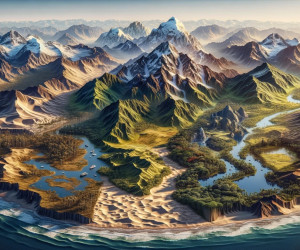 Majestic mountain landscape with forests, dunes, and coastline.