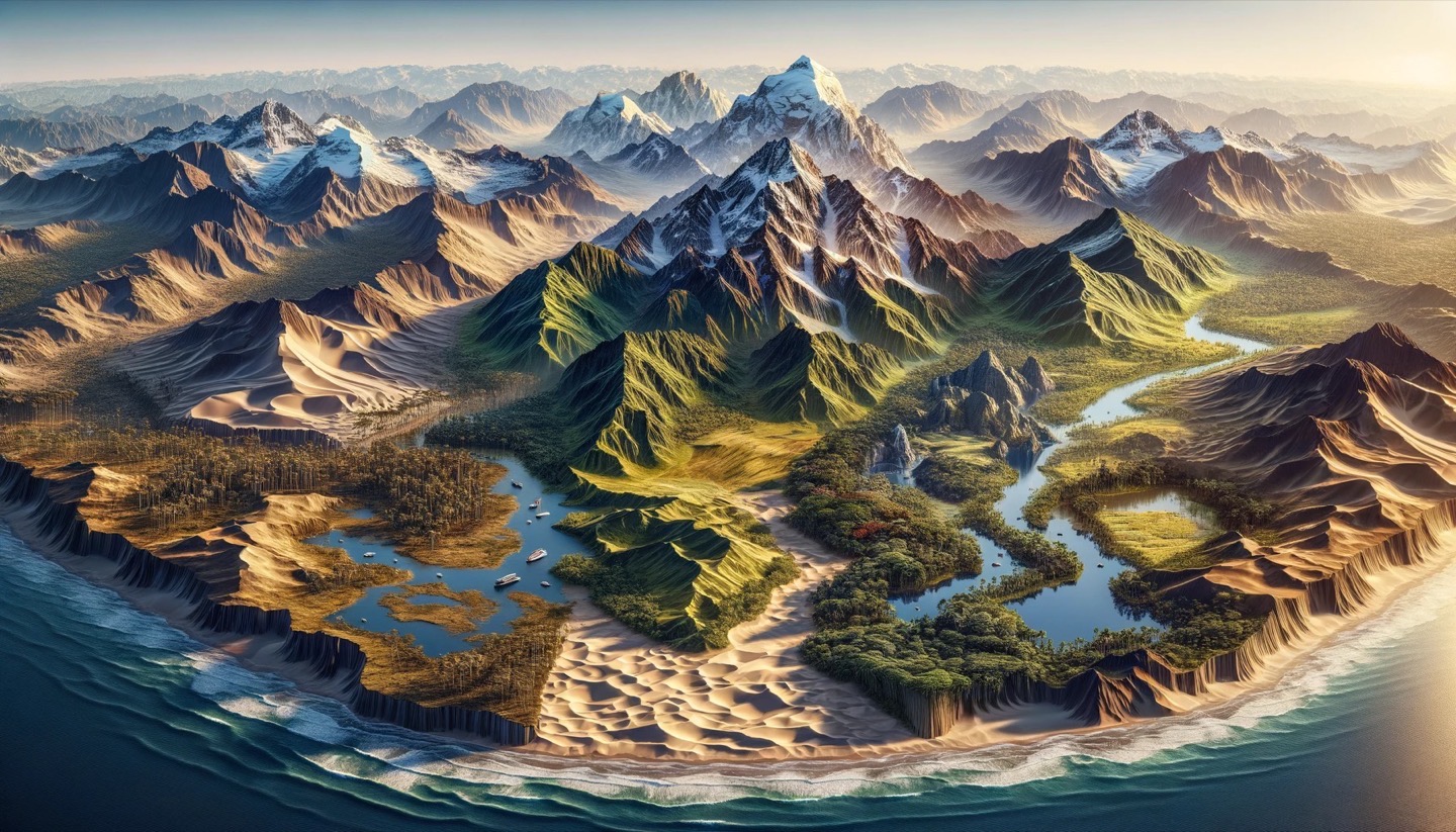 Majestic mountain landscape with forests, dunes, and coastline.