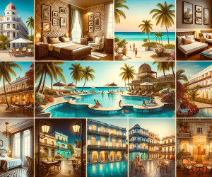 Luxurious tropical resort collage with pools and beach views.