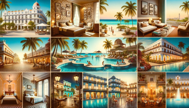 Luxurious tropical resort collage with pools and beach views.