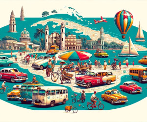 Colorful vintage travel poster with cars and landmarks.