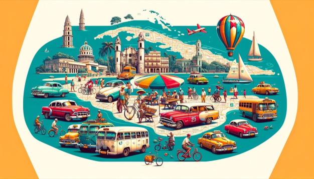 Colorful vintage travel poster with cars and landmarks.