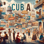 Vintage Cuban street scene with vibrant signage and locals.