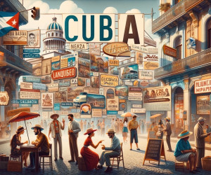 Vintage Cuban street scene with vibrant signage and locals.