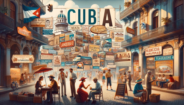 Scène de rue cubaine d'époque avec des enseignes vibrantes et des habitants.