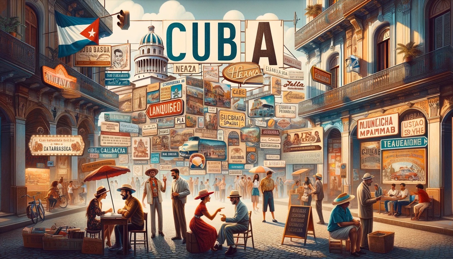 Vintage Cuban street scene with vibrant signage and locals.
