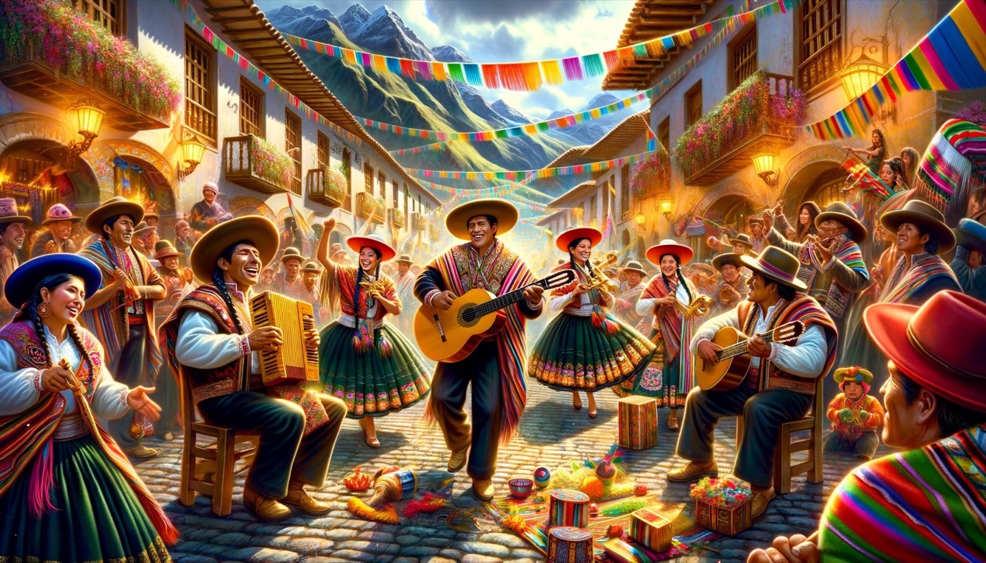 Colorful traditional Andean festival with music and dancing