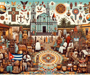 Vibrant folk art depicting a colorful cultural marketplace scene.