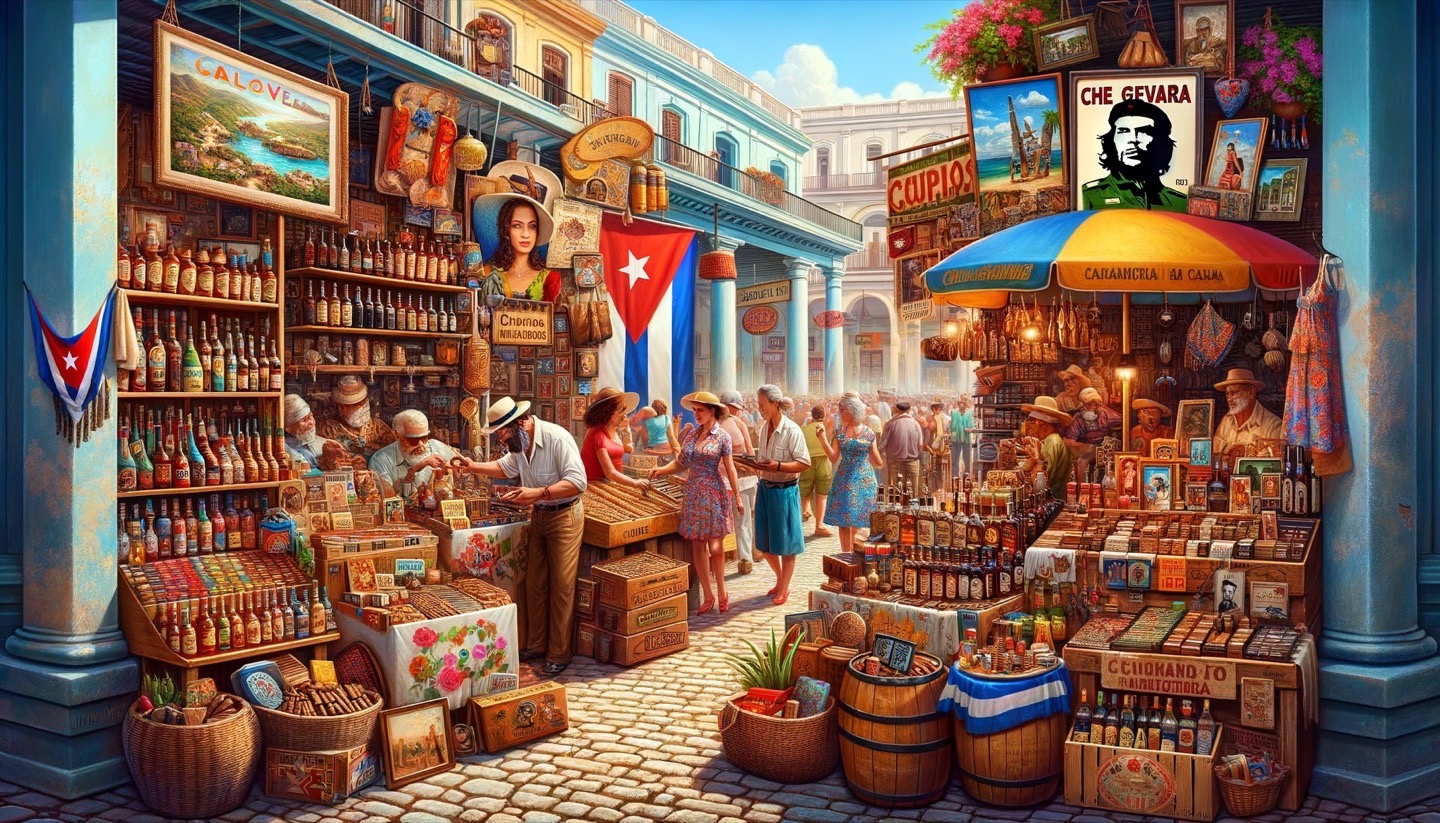Colorful Cuban market street with vendors and shoppers.