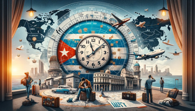 Fantasy travel-themed illustration with global landmarks and clock.