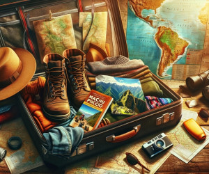 Travel suitcase with maps, camera, and boots.