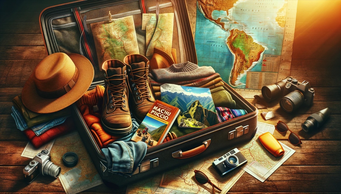Travel suitcase with maps, camera, and boots.