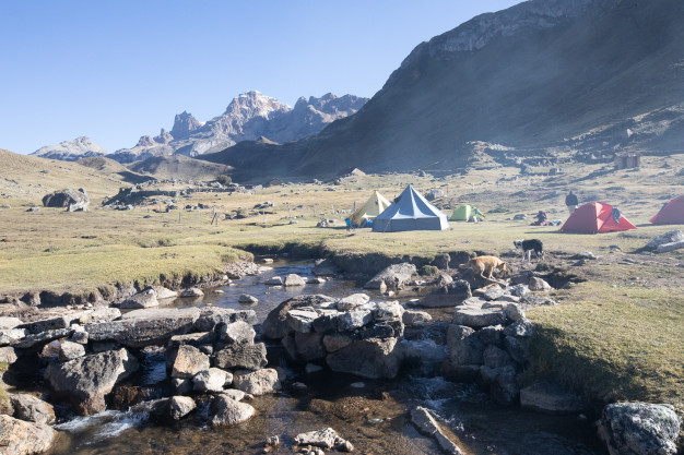 Camping site near mountain stream with tents and grazing animals.