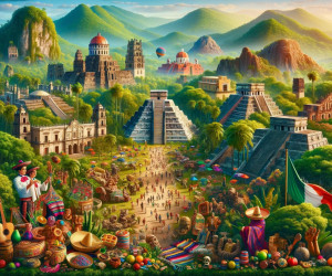 Colorful illustration of a vibrant Mexican landscape with culture.