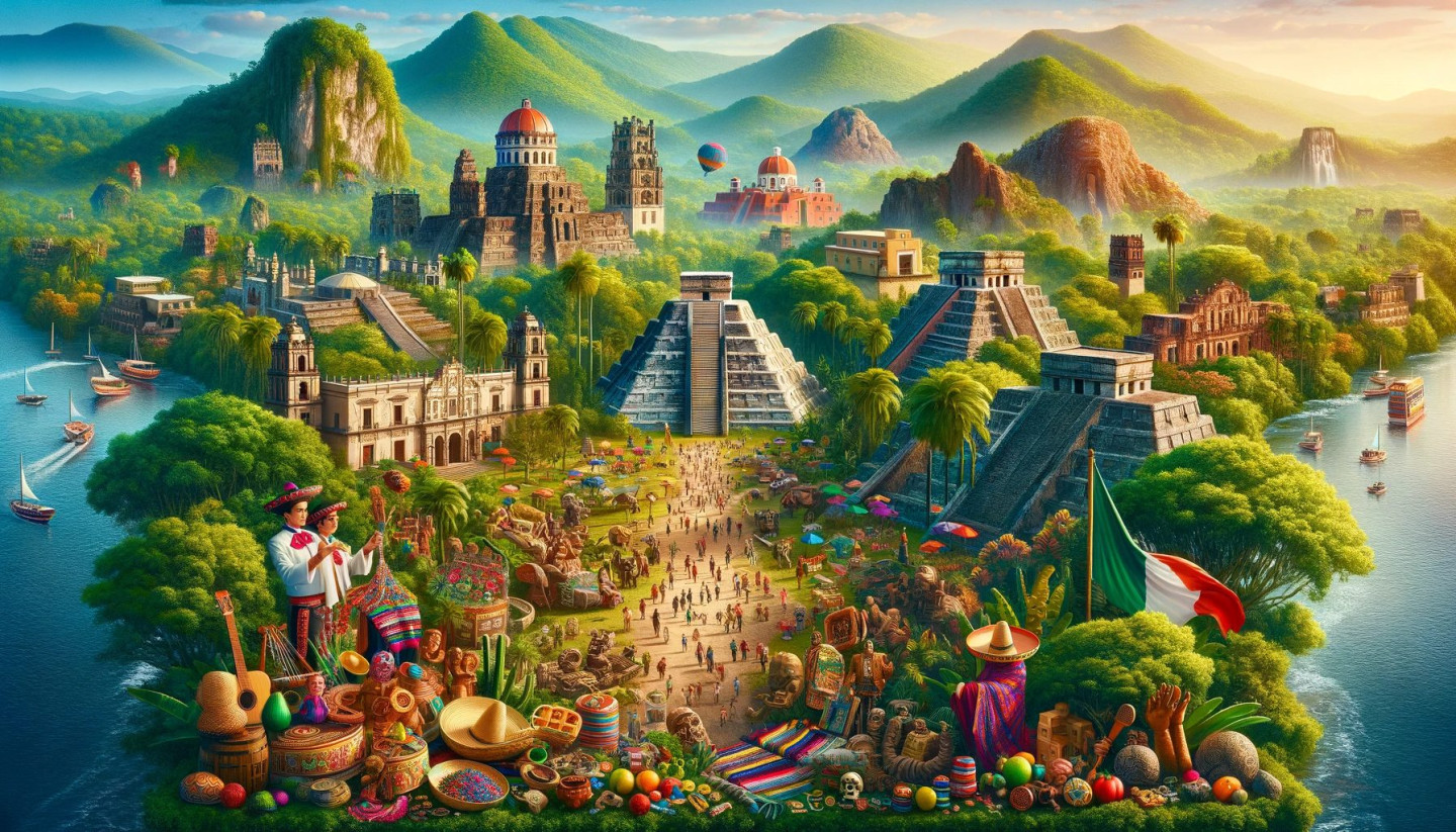 Colorful illustration of a vibrant Mexican landscape with culture.