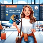 Woman with debit cards at an airport terminal.