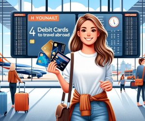 Woman with debit cards at an airport terminal.