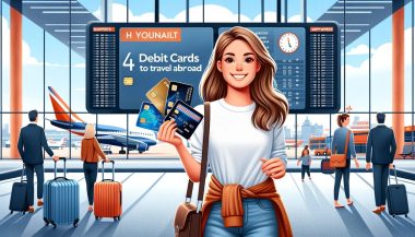 Woman with debit cards at an airport terminal.