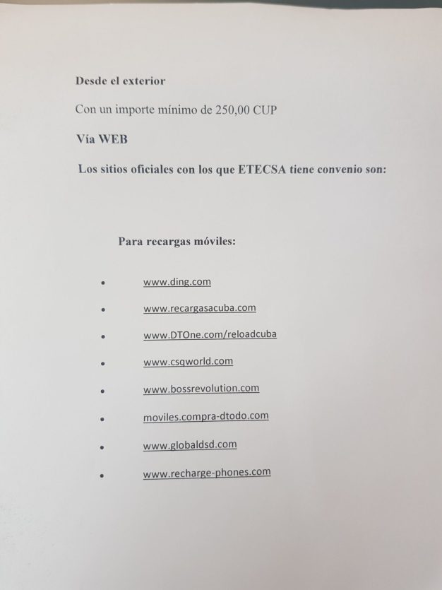 Liste de sites web pour les recharges de téléphones portables, montant minimum 250 CUP.