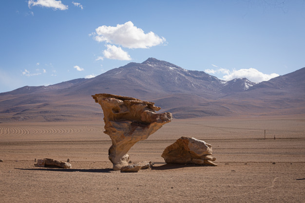 Paysage désertique avec des formations rocheuses et des montagnes uniques.