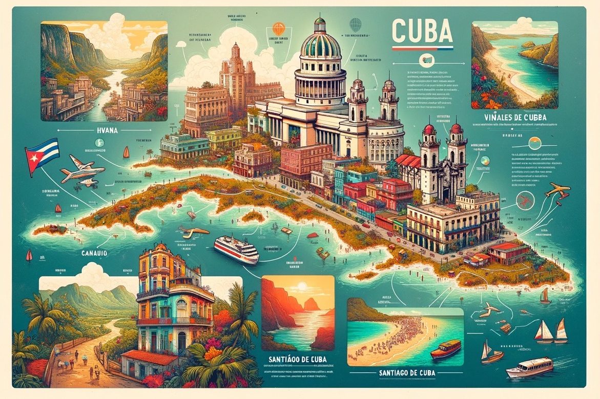 Illustrative travel poster of Cuba's landmarks and natural beauty.
