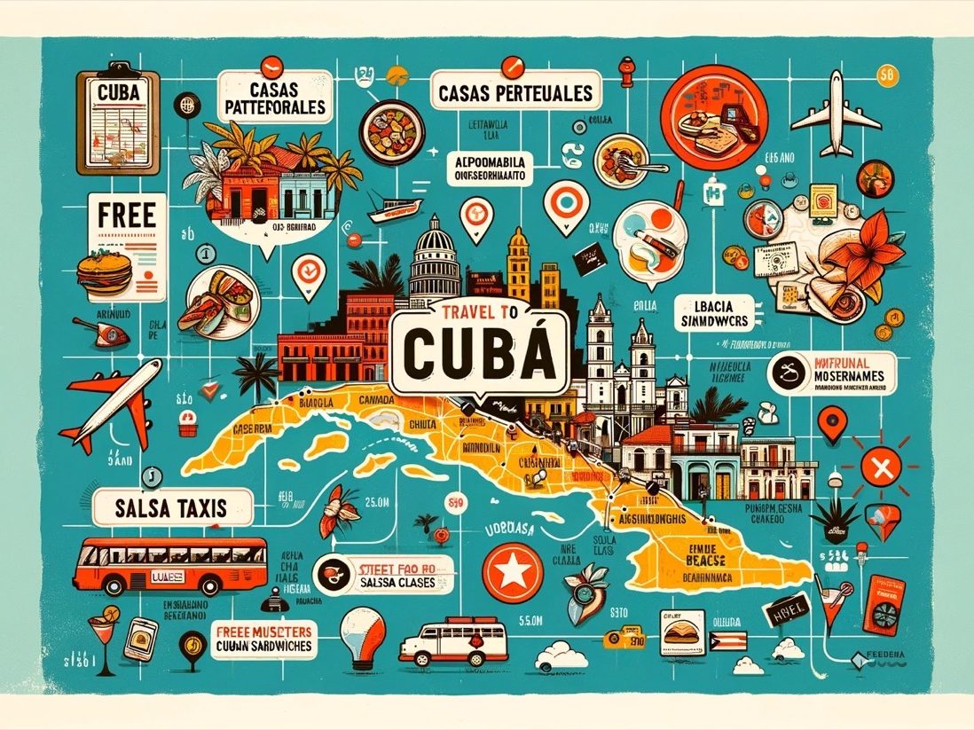 Colorful illustrated travel map of Cuba with icons.