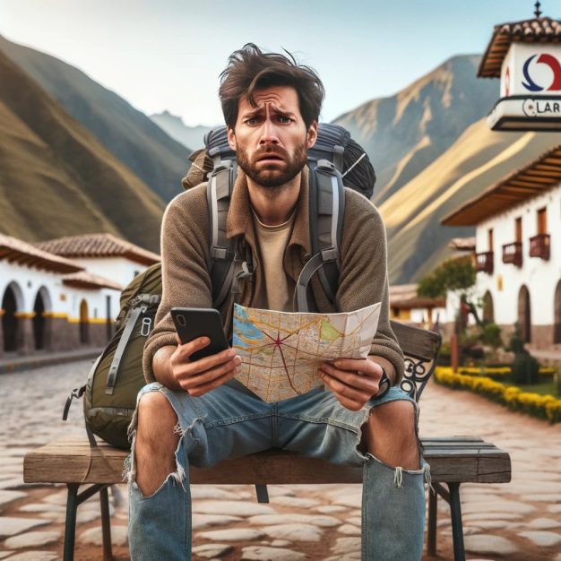 Confused traveler with map and smartphone sitting on bench.