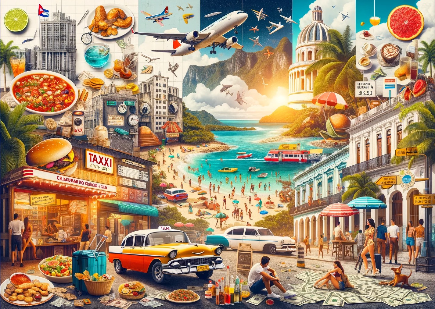 Vibrant beach cityscape with food, culture, and transportation.