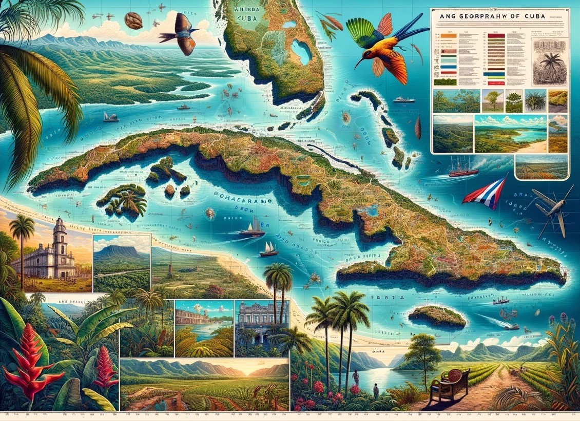 Vintage illustrated map of Cuba with insets and legends.